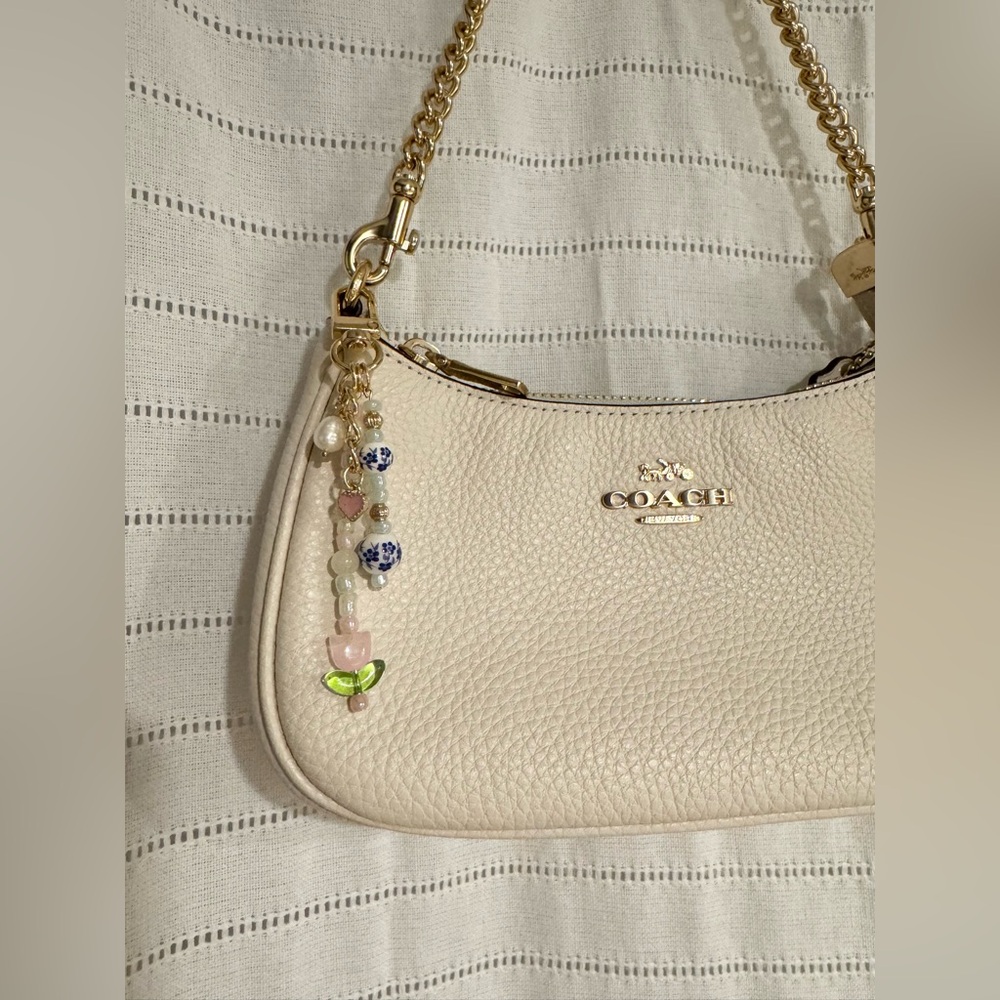 Designer Inspired Beaded Bag Charm Keychain with Tulip, Heart and Pearl Detail